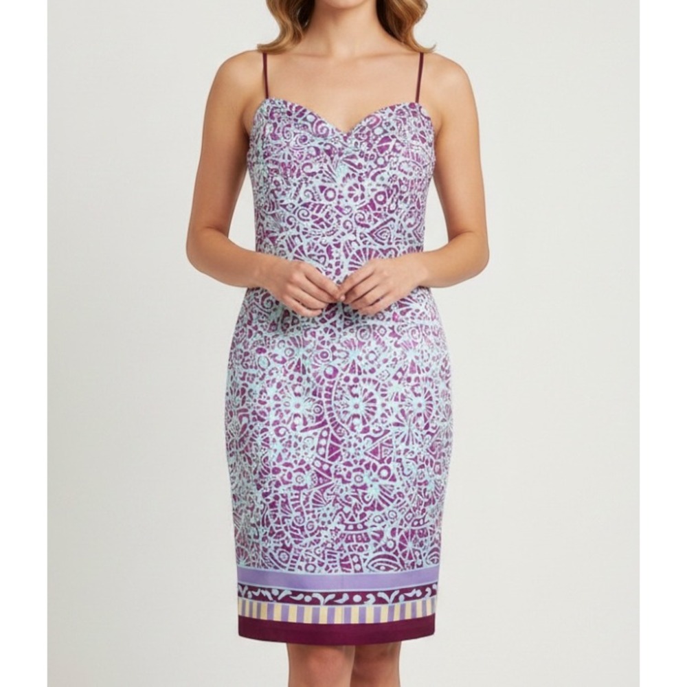 NWT NICOLE MILLER Purple/Teal Batik Satin GATHERED BUST Party SLIP DRESS Sz 10
